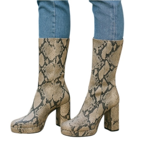 Schutz NWT Raff Snake Embossed Leather Platform Boots Block Heel Square Toe 5 - Picture 1 of 13
